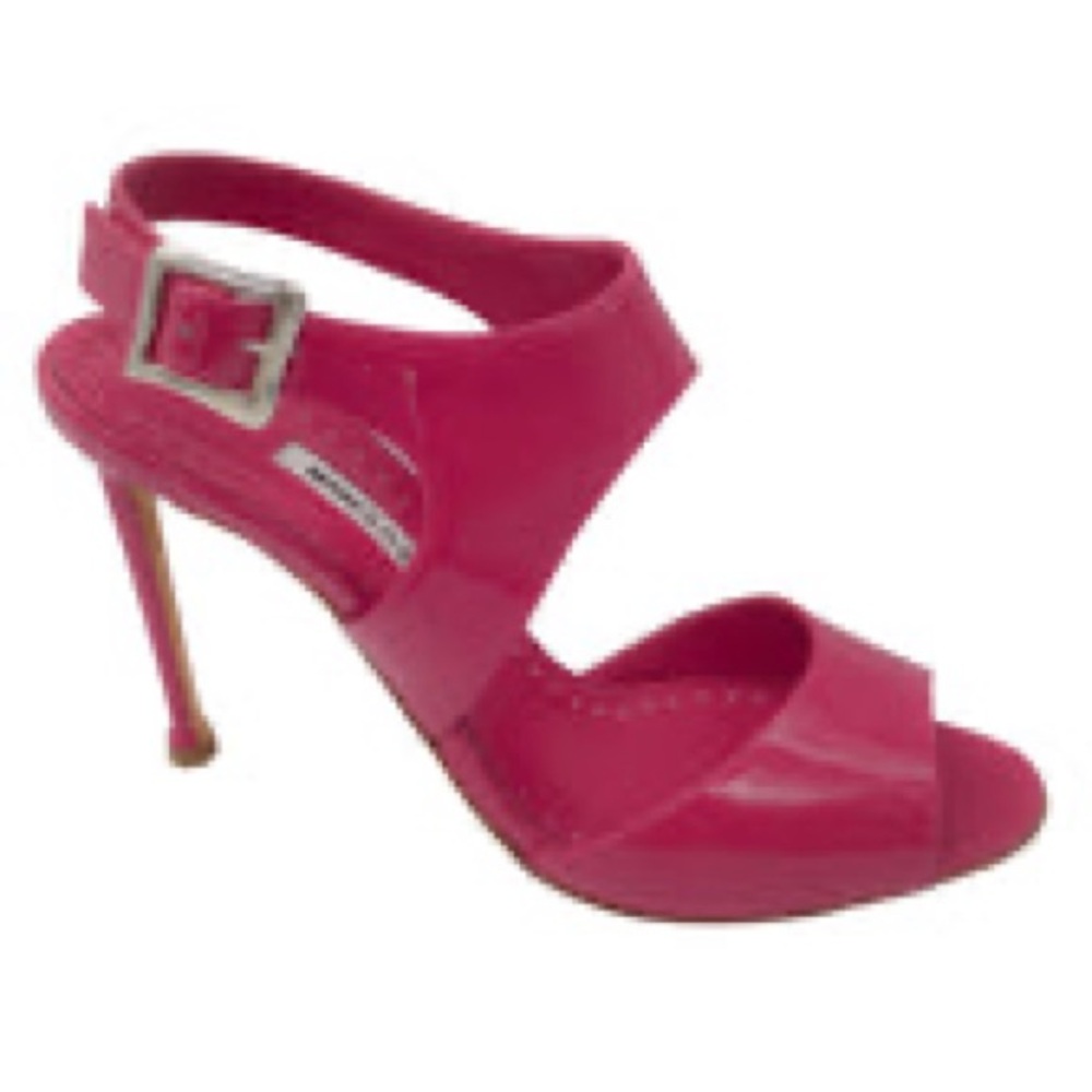 MANOLO BLAHNIK RASPBERRY PATENT LEATHER ANKLE STRAP SANDALS SZ 39